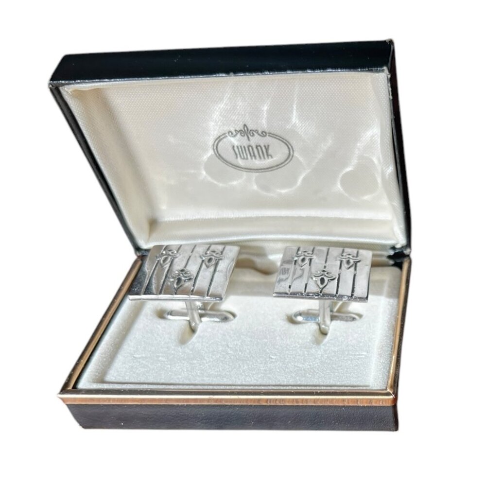 Vintage Swank Silver-Tone Fleur-De-Lis Cufflinks With Original Box